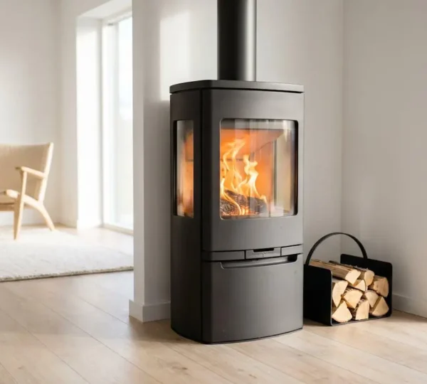 Salon lumineux avec poêle à bois moderne émettant une lumière chaleureuse