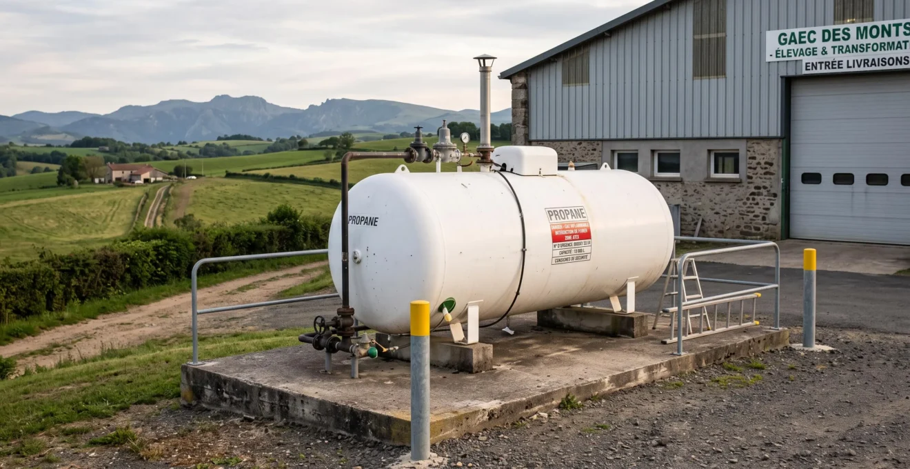 Citerne de gaz propane blanche de grande capacité installée sur dalle bétonnée à l'extérieur d'un bâtiment industriel en zone rurale française, avec raccordements et détendeur visibles, paysage de collines en arrière-plan