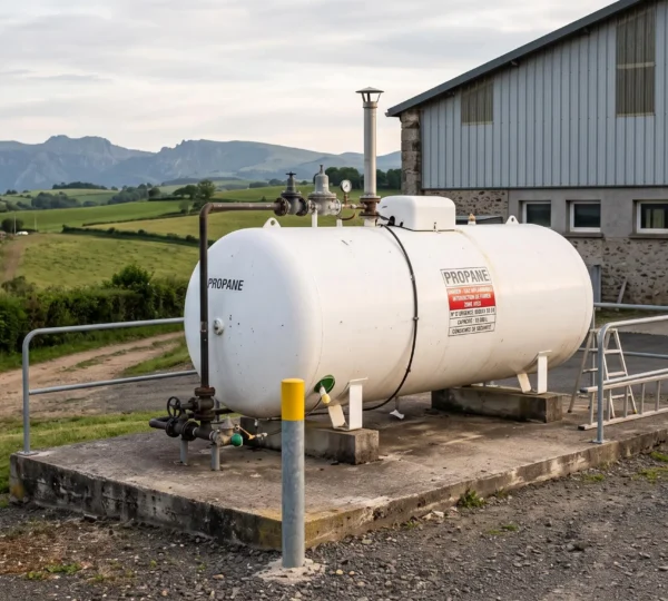 Citerne de gaz propane blanche de grande capacité installée sur dalle bétonnée à l'extérieur d'un bâtiment industriel en zone rurale française, avec raccordements et détendeur visibles, paysage de collines en arrière-plan