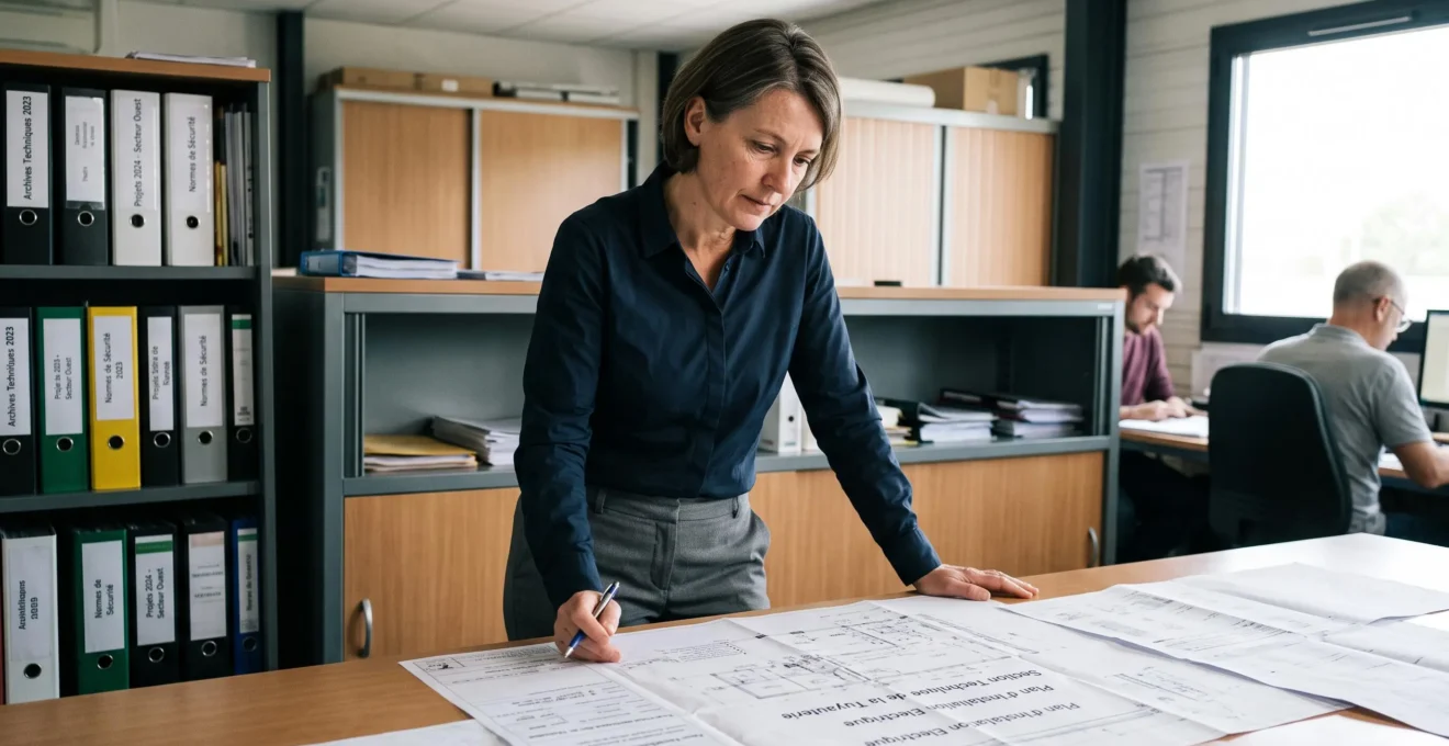 Responsable technique femme debout penchée sur une table de travail, consultant des plans techniques d'installation énergétique déployés, dans un bureau d'études professionnel