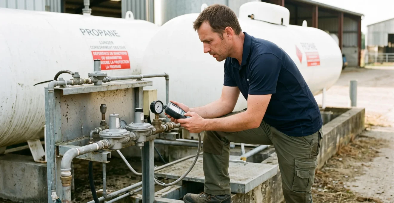 Technicien qualifié debout en tenue professionnelle, penché en train de vérifier avec un instrument manuel les raccordements d'un détendeur de gaz propane sur une installation extérieure industrielle