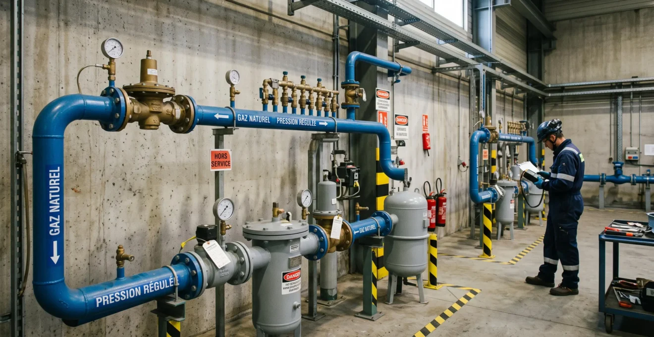 Installation complète de tuyauterie et équipements de gaz dans un local technique industriel avec technicien effectuant un contrôle