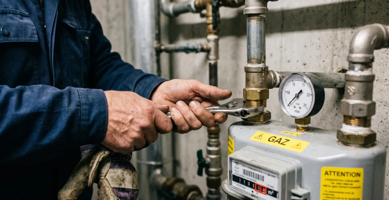 Gros plan sur les mains d'un technicien ajustant le raccordement d'un compteur de gaz professionnel