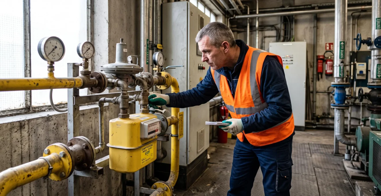 Technicien inspectant un compteur de gaz professionnel dans un local technique industriel